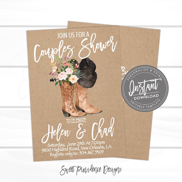 Country Couples Shower Invitation, Co-Ed Bridal Boots Invite, Couples Shower, Engagement Party, Boots and Hats, , Instant Access