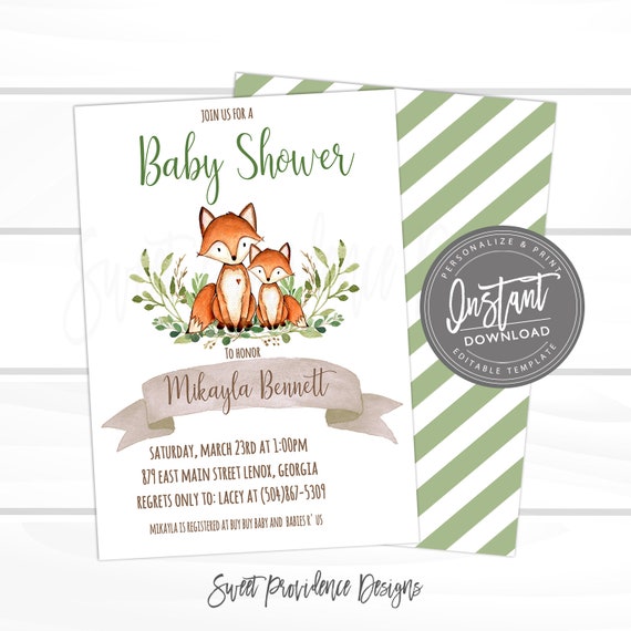 Woodland Baby Shower Invitation Fox Greenery Editable Fall Instant Access