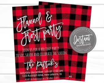 Christmas Party Invitation, buffalo plaid, Editable Christmas Party template, Flannel and Frost Invite, winter,  Instant Download