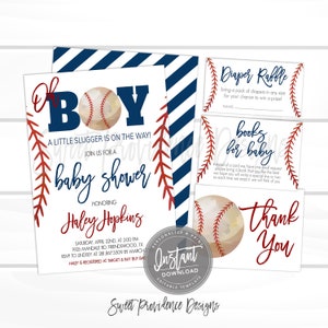 May include: A baseball-themed baby shower invitation with red and blue stripes, a baseball graphic, and the text "Oh Boy! A Little Slugger is on the Way!"  Join us for a baby shower honoring Haley Hopkins.  Saturday, April 22nd, at 2:00 PM, 1925 Mandale Rd, Friendswood, TX. RSVP to Lindsey at 281.867.5309 by March. Haley is registered at Target & Buy Buy Baby.