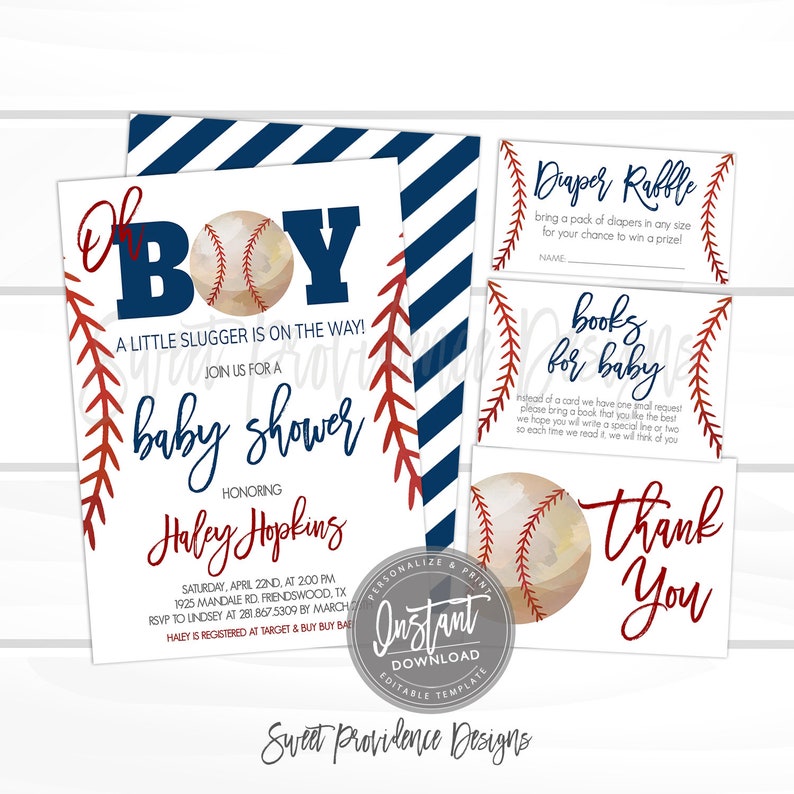 May include: A baseball-themed baby shower invitation with red and blue stripes, a baseball graphic, and the text "Oh Boy! A Little Slugger is on the Way!"  Join us for a baby shower honouring Haley Hopkins.  Saturday, April 22nd, at 2:00 PM, 1925 Mandale Rd, Friendswood, TX. RSVP to Lindsey at 281.867.5309 by March. Haley is registered at Target & Buy Buy Baby.