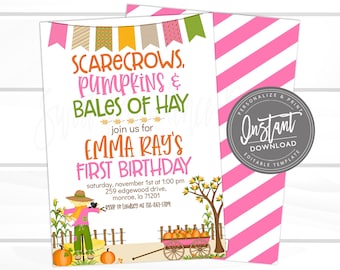 Fall First Birthday Invite, Scarecrow Birthday Invitation, Scarecrows Pumpkins and Bales of Hay, Editable birthday template Instant Download