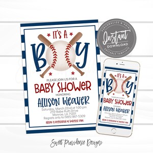 Pode incluir: Um convite para um ch&aacute; de beb&ecirc; em listras azuis e brancas com tema de beisebol. O convite diz "It's a Boy" com uma bola de beisebol e morcegos cruzados. O convite inclui o texto "Baby Shower" e o nome "Allison Weaver".