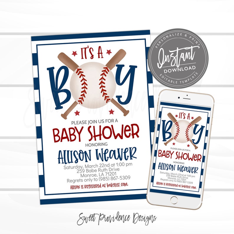 Pode incluir: Um convite para um ch&aacute; de beb&ecirc; em listras azuis e brancas com tema de beisebol. O convite diz "It's a Boy" com uma bola de beisebol e morcegos cruzados. O convite inclui o texto "Baby Shower" e o nome "Allison Weaver".