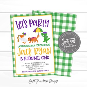 Mardi Gras Birthday Invitation, First birthday, Parade Krewe, Editable template, birthday boy or girl, Fat Tuesday Carnival, Instant Access