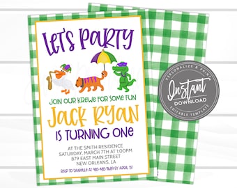 May include: A green and white gingham background with a white card featuring a Mardi Gras themed party invitation for a boy named Jack Ryan turning one. The invitation features a cartoon alligator, tiger, and duck wearing Mardi Gras masks and holding a purple, gold, and green umbrella. The text on the card reads "Let's Party", "Join our Krewe for some fun", "Jack Ryan", "Is Turning One", "At the Smith Residence", "Saturday, March 7th at 1:00pm", "879 East Main Street", "New Orleans, LA", "RSVP to Danielle at 985-485-7689 by April 1st", and "Sweet Providence Designs".