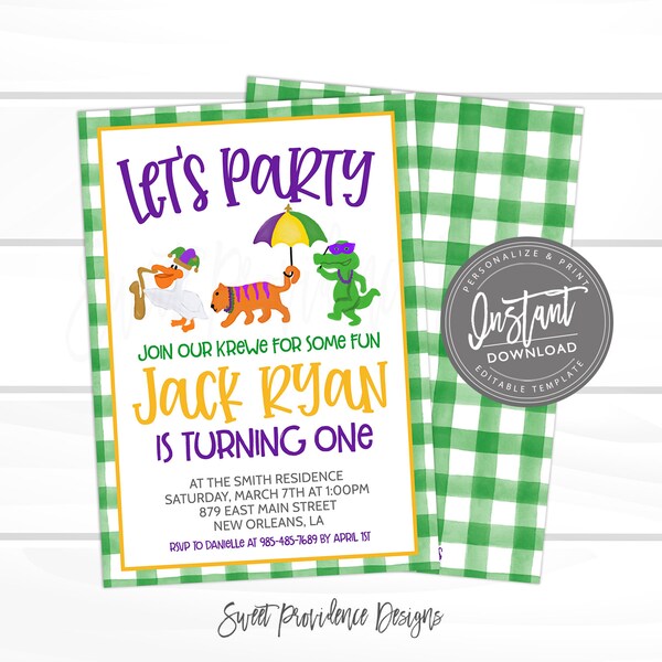 Mardi Gras Birthday Invitation, First birthday, Parade Krewe, Editable template, birthday boy or girl, Fat Tuesday Carnival, Instant Access