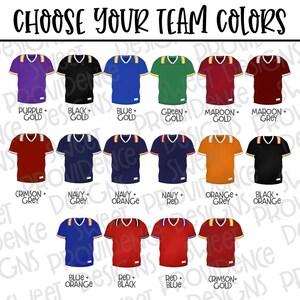 Puede incluir: Un gr&aacute;fico que muestra 12 combinaciones de colores diferentes para una camiseta de f&uacute;tbol. Los dise&ntilde;os de la camiseta se muestran con un cuello blanco y mangas blancas. Las combinaciones de colores incluyen morado y dorado, negro y dorado, azul y dorado, verde y dorado, granate y dorado, granate y gris, carmes&iacute; y gris, azul marino y gris, azul marino y naranja, azul marino y rojo, naranja y gris, y negro y naranja.