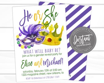 Mardi Gras Gender Reveal, Editable Reveal template, He or She What will baby Be? King or Queen, Fat Tuesday Carnival, Instant Access