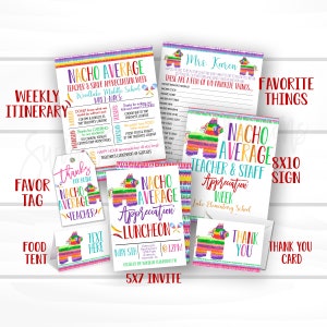 K&ouml;nnte beinhalten: Ein Satz druckbarer Dekorationen f&uuml;r die Lehrer-Wertsch&auml;tzungs-Woche mit einem farbenfrohen Pinata-Design und dem Text "Nacho Average Teacher & Staff Appreciation Week". Das Set beinhaltet einen Wochenplan, einen Gefallen-Anh&auml;nger, ein Essenszelt, ein Text-Schild, eine 5x7 Einladung, ein 8x10 Schild und eine Dankeskarte.