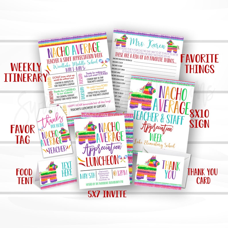 K&ouml;nnte beinhalten: Ein Satz druckbarer Dekorationen f&uuml;r die Lehrer-Wertsch&auml;tzungs-Woche mit einem farbenfrohen Pinata-Design und dem Text "Nacho Average Teacher & Staff Appreciation Week". Das Set beinhaltet einen Wochenplan, einen Gefallen-Anh&auml;nger, ein Essenszelt, ein Text-Schild, eine 5x7 Einladung, ein 8x10 Schild und eine Dankeskarte.