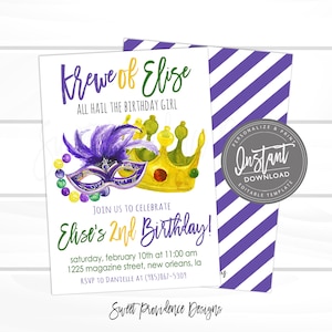 May include: A Mardi Gras themed birthday invitation featuring a purple and gold crown and a purple mask with green and gold beads. The invitation reads "Krewe of Elise" and "Elise's 2nd Birthday!" with details for the party.