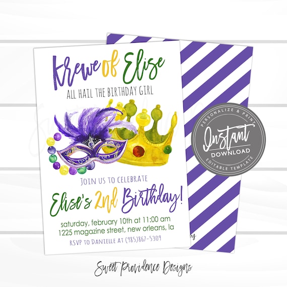 Mardi Gras Birthday Invitation, Any birthday age, Editable template, Hail birthday girl, Fat Tuesday Carnival, Instant Access Il_570xn