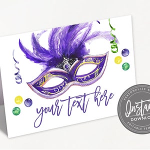 May include: A watercolor design of a purple and gold masquerade mask with feathers, text that says "your text here", and confetti on a white card. A circular badge says "Instant Download".