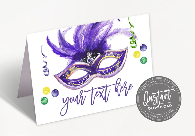 May include: A watercolor design of a purple and gold masquerade mask with feathers, text that says "your text here", and confetti on a white card. A circular badge says "Instant Download".