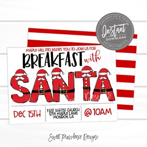 Può includere: Un invito a tema natalizio per un evento di colazione con Babbo Natale. Il design presenta le parole "BREAKFAST with SANTA" in un font festivo, con le lettere di "SANTA" stilizzate come l'abito di Babbo Natale. L'invito include i dettagli dell'evento e il testo "Instant Download".