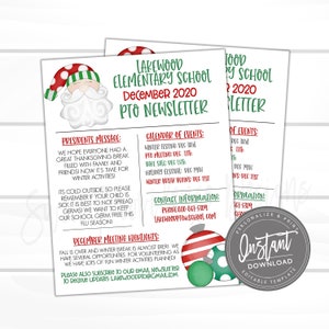 May include: Two printable Christmas-themed newsletters from Lakewood Elementary School, December 2020. The newsletters feature a Santa Claus graphic, event calendar, and contact information. The newsletters are available for instant download.