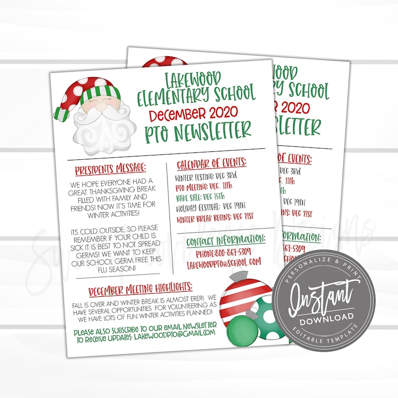 May include: Two printable Christmas-themed newsletters from Lakewood Elementary School, December 2020. The newsletters feature a Santa Claus graphic, event calendar, and contact information. The newsletters are available for instant download.