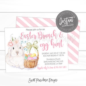 May include: An invitation to an Easter brunch and egg hunt. The invitation features a watercolor illustration of a white bunny with a pink bow and a basket of colorful eggs. The text reads "Please join us for an Easter Brunch & egg hunt" and includes the date, time, and location of the event.