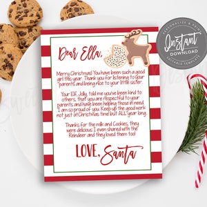 May include: A Christmas-themed letter from Santa with red and white striped borders, addressed to "Ella." The letter includes a reindeer cookie graphic and is surrounded by chocolate chip cookies and candy canes.