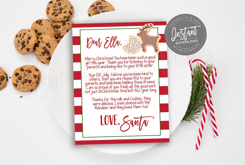 May include: A Christmas-themed letter from Santa with red and white striped borders, addressed to "Ella." The letter includes a reindeer cookie graphic and is surrounded by chocolate chip cookies and candy canes.