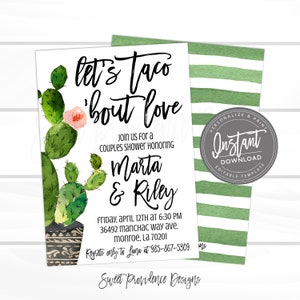 Fiesta Shower invitation, Cactus Taco &#39;bout love baby, Editable Couples Bridal/wedding Shower Invite, Taco Tuesday Instant Access EDIT NOW
