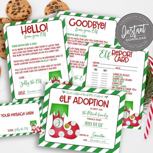 May include: A collection of Christmas-themed stationery, including letters from an elf, an elf report card, and an elf adoption certificate. The designs feature red, green, and white colors with candy canes and chocolate chip cookies.