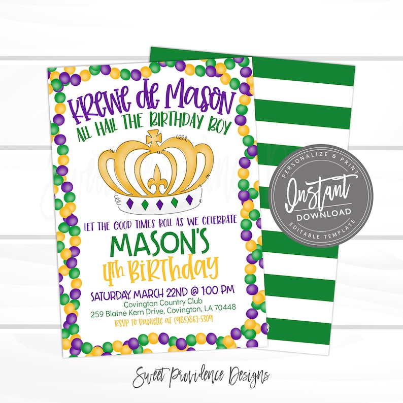 Mardi Gras Birthday Invitation, Boy Crown Invite, King Cake Party, Any Age birthday, Editable Birthday template, Carnival, Instant Access image 1