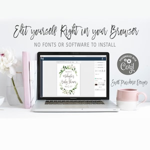 May include: A laptop computer displaying a mockup of a baby shower invitation with a green wreath and the text "Welcome to Mikayla's Baby Shower March 21, 2017". The text "PERSONALIZE WITH Coril Sweet Providence Designs" is visible in the upper right corner of the image.
