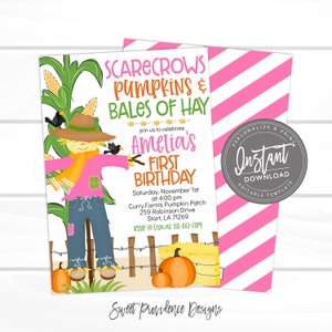 May include: A pink and green invitation for a first birthday party with a scarecrow, pumpkins, and bales of hay. The invitation says "Scarecrows, Pumpkins & Bales of Hay" and "Amelia's First Birthday".