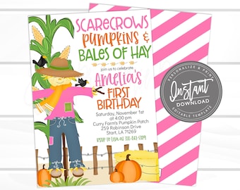 Fall Scarecrow Birthday Pink Pumpkin Patch Invitation, Corn Maze, Kids Pumpkin Birthday, Editable First Birthday template, Instant Download