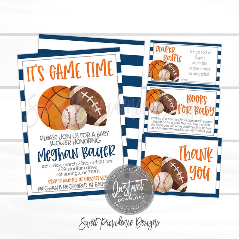 May include: A blue and white striped background with a baby shower invitation for Meghan Bauer. The invitation features a watercolor illustration of a basketball, football, and baseball. The text "It's Game Time" is in orange and blue. The invitation includes the date, time, and location of the shower. It also includes the RSVP information and a note that Meghan is registered at Baby.