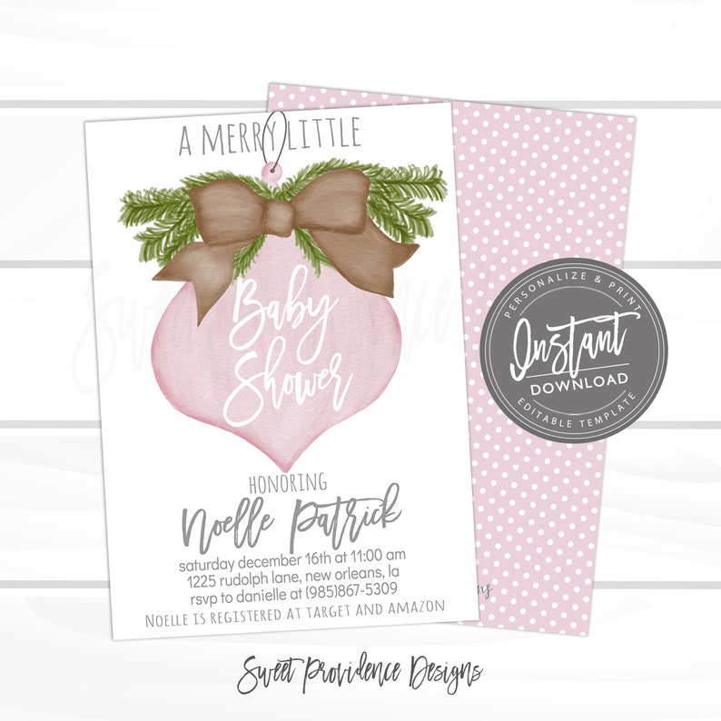May include: A pink baby shower invitation with a watercolor ornament design. The ornament has a brown bow and green accents, with the words "Baby Shower" in cursive. The invitation includes event details and the text "Instant Download".