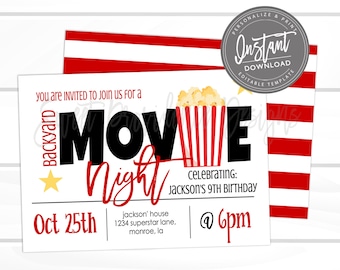 Movie Night Invitation, Birthday Movie party, Backyard Movie Night Invite, Editable template, Sweet Providence, Instant Access,