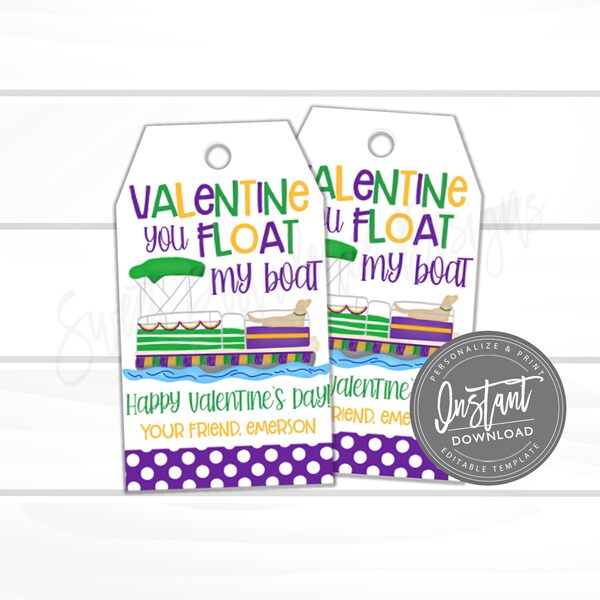 Mardi Gras Class Valentine Favor Tag, 2022 card, You Float My Boat Favor Tag, Mardi Gras Float, Editable printable template -INSTANT ACCESS