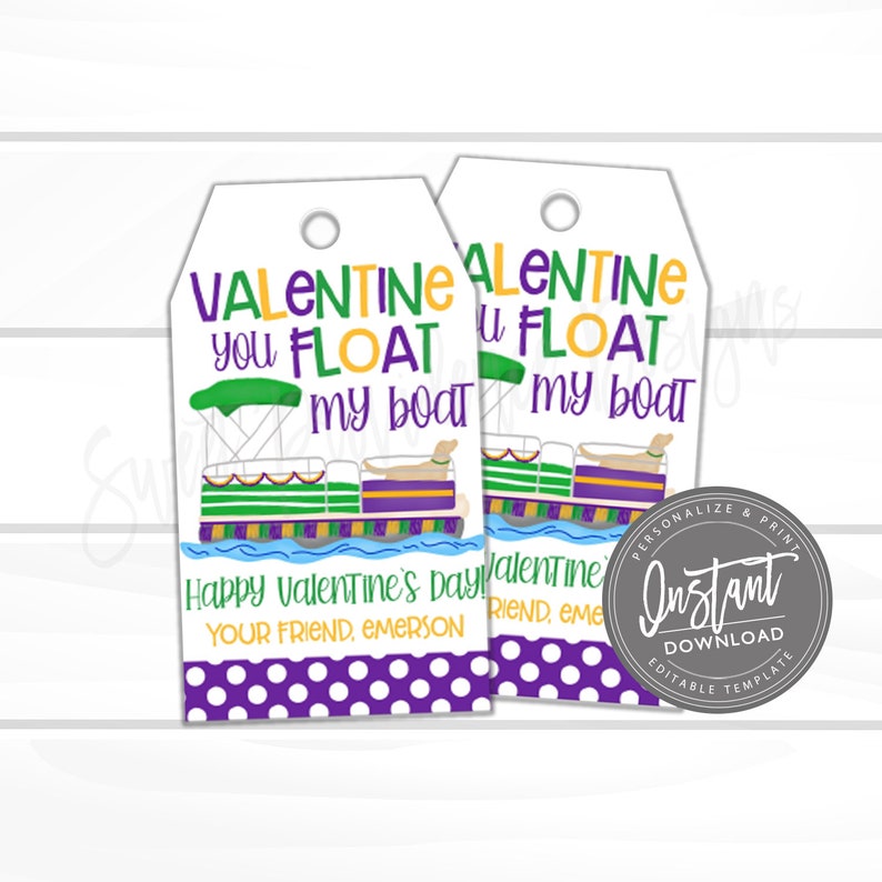 May include: Two printable Valentine's Day gift tags featuring a cartoon illustration of a boat with a dog on it. The text on the tags reads "Valentine you float my boat" and "Happy Valentine's Day Your Friend, Emerson".
