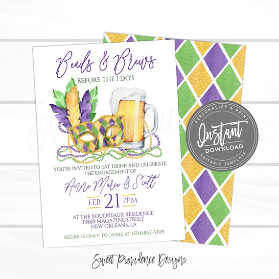 Mardi Gras Engagement Party Invitation, Editable Engagement Party Celebration template, Beads and Brews before I do Printable Instant Access Il_570xn