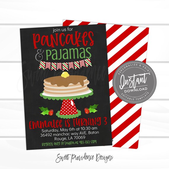 Christmas Pancakes and Pajamas Invitation, Pancake Pj's Birthday, Pajama Party, Sleepover, Editable Birthday Invite, Instant Download Il_570xn