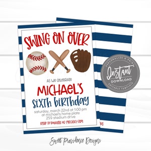 Baseball Birthday Invitation, Swing on Over, Editable baseball team party, Boy Sports Birthday digital Invitation, Printable Instant Access