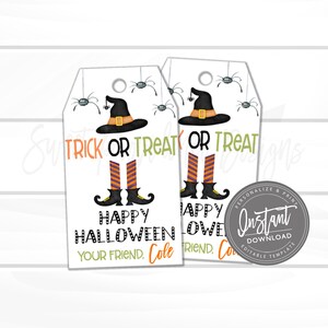 May include: Two rectangular white gift tags featuring a black witch hat, orange and purple striped stockings, and black boots. The text reads TRICK OR TREAT, HAPPY HALLOWEEN, and YOUR FRIEND, COLE. Small black spiders hang from the top edges.
