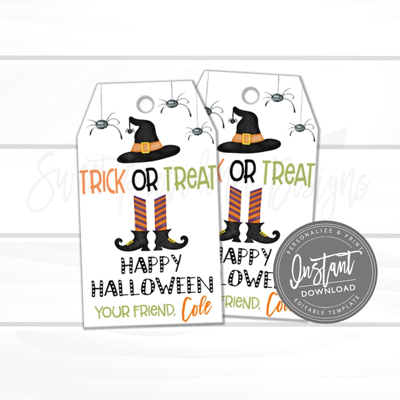 May include: Two rectangular white gift tags featuring a black witch hat, orange and purple striped stockings, and black boots. The text reads TRICK OR TREAT, HAPPY HALLOWEEN, and YOUR FRIEND, COLE. Small black spiders hang from the top edges.