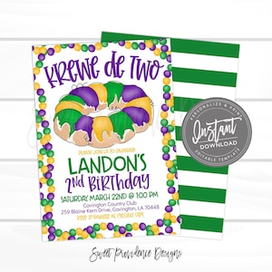 Mardi Gras Birthday Invitation, Krewe de Two, second birthday, Editable template, birthday boy or girl, Fat Tuesday Carnival, Instant Access image 1
