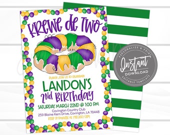 Mardi Gras Birthday Invitation, Krewe de Two, second birthday, Editable template, birthday boy or girl, Fat Tuesday Carnival, Instant Access