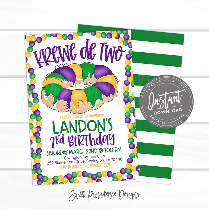 Mardi Gras Birthday Invitation, Krewe de Two, second birthday, Editable template, birthday boy or girl, Fat Tuesday Carnival, Instant Access image 1