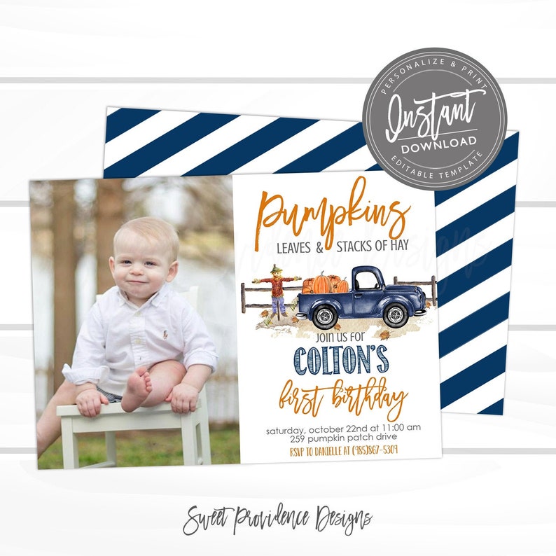 Pumpkin Photo Birthday Invitation, Blue Truck, Pumpkin Patch, Fall Invitation, Editable Birthday Invitation Template, Instant Download image 1