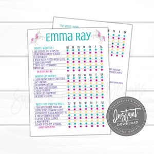 May include: A printable chore chart for kids featuring a unicorn design. The chart is divided into days of the week and includes a list of chores for each day. The chart is titled "Emma Ray" and includes a section for "When I Wake Up I", "When I Get Home I", and "When I Get Ready for Bed".
