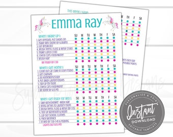 Editable Kids Checklist, Daily Task List, Customizable Chore Chart, Kids weekly planner, Unicorn Chore Chart, Printable Instant Access