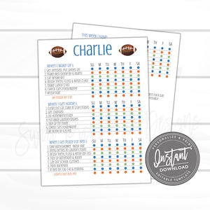 May include: A printable chore chart for children featuring a football theme. The chart is divided into three sections: "When I Wake Up", "When I Get Home", and "When I Get Ready for Bed". Each section lists daily tasks with corresponding checkboxes for each day of the week. The chart is titled "Charlie" and includes a football graphic.