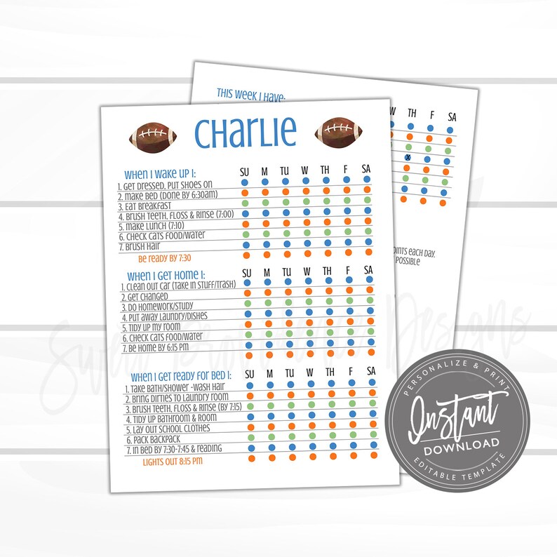 May include: A printable chore chart for children featuring a football theme. The chart is divided into three sections: "When I Wake Up", "When I Get Home", and "When I Get Ready for Bed". Each section lists daily tasks with corresponding checkboxes for each day of the week. The chart is titled "Charlie" and includes a football graphic.