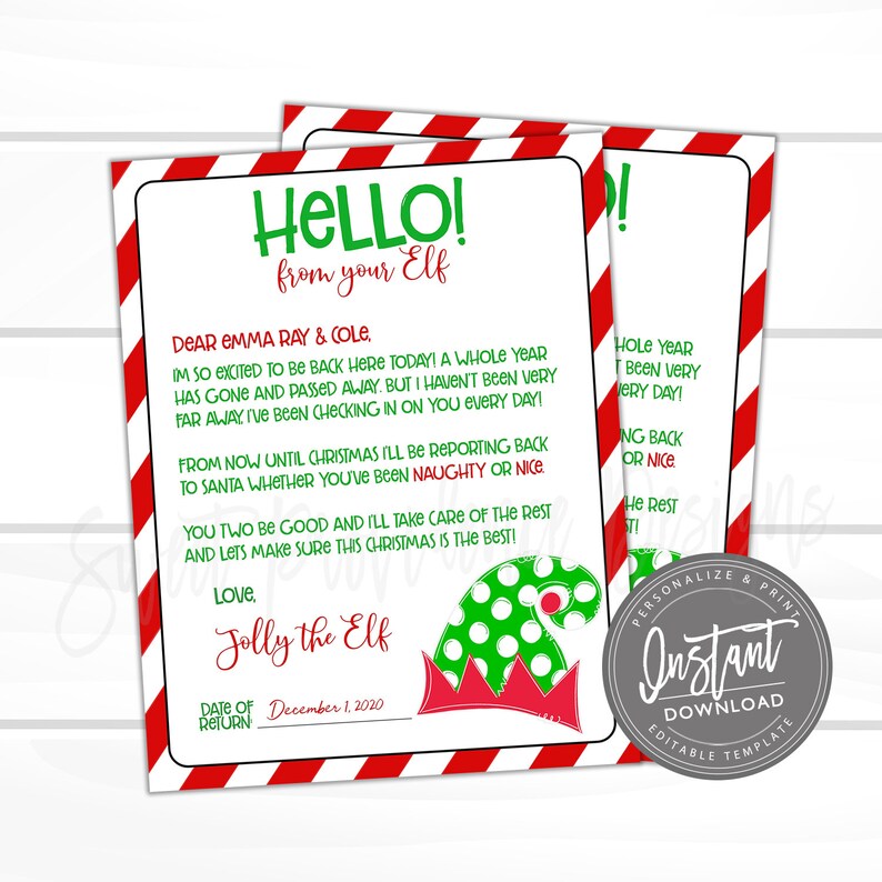 May include: Two Christmas-themed printable letters with red and white striped borders. The letters feature the text "HELLO! from your Elf" and a message from "Jolly the Elf." Includes a green and white polka-dot elf hat graphic. The letters are dated December 1, 2020.